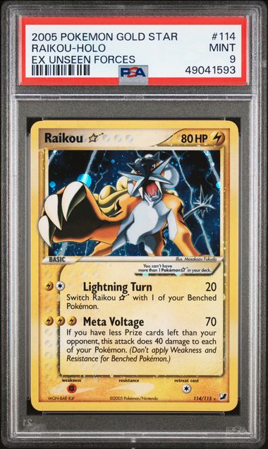 Pokemon EX Unseen Forces Raikou Gold Star #114 – Holo PSA 9