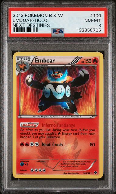 Pokemon B&W Next Destinies Embora #100 – Holo PSA 8