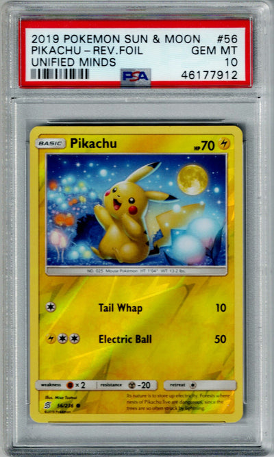 Pokemon S&M Unified Minds Pikachu #56 – REV FOIL PSA 10