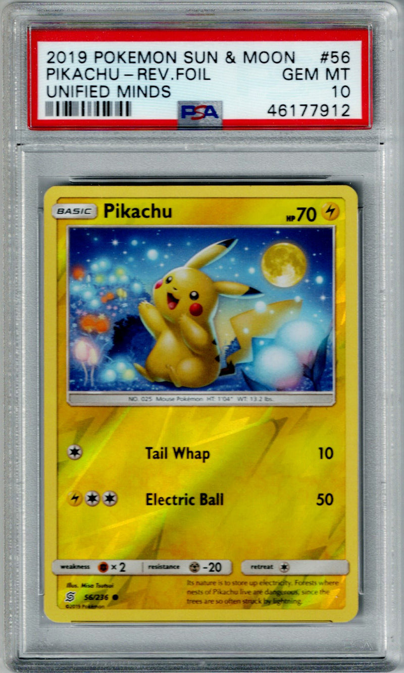 Pokemon S&M Unified Minds Pikachu #56 – REV FOIL PSA 10