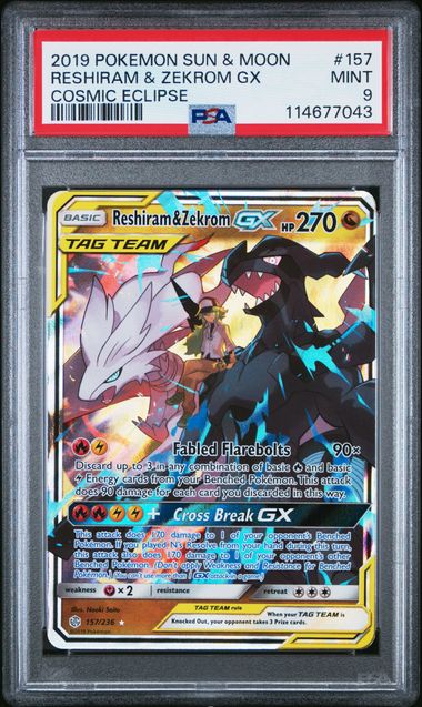 Pokemon S&M Cosmic Eclipse Reshiram & Zekrom GX #157 PSA 9