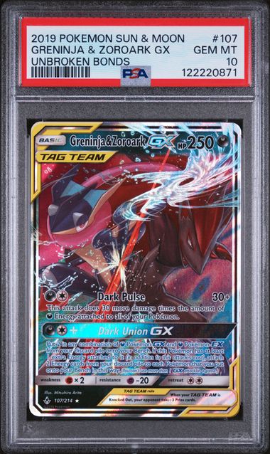 Pokemon Unbroken Bonds Greninja & Zoroark GX #107 PSA 10