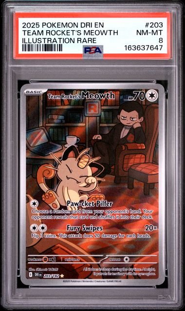 Pokemon Destined Rivals Team Rocket's Meowth #203 PSA 8